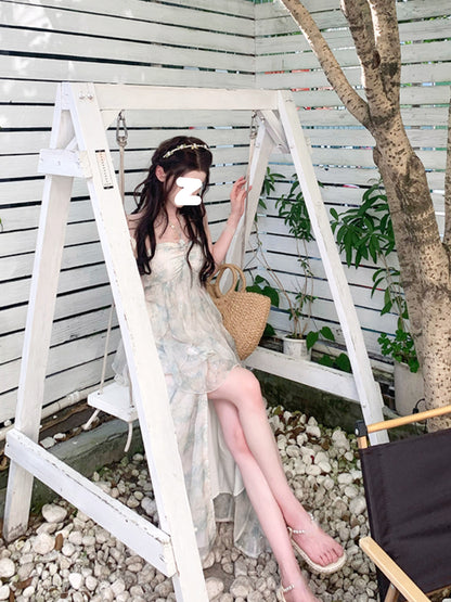 Green Chiffon French Beach Midi Dress