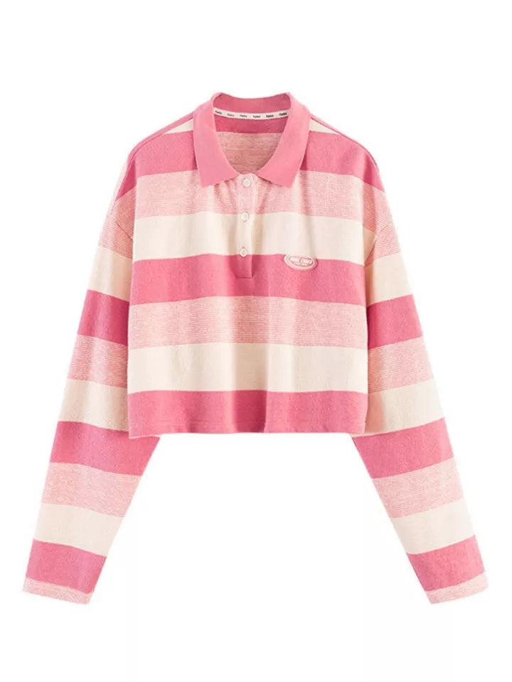 Pink Striped Oversized Preppy Long Sleeve T-shirt