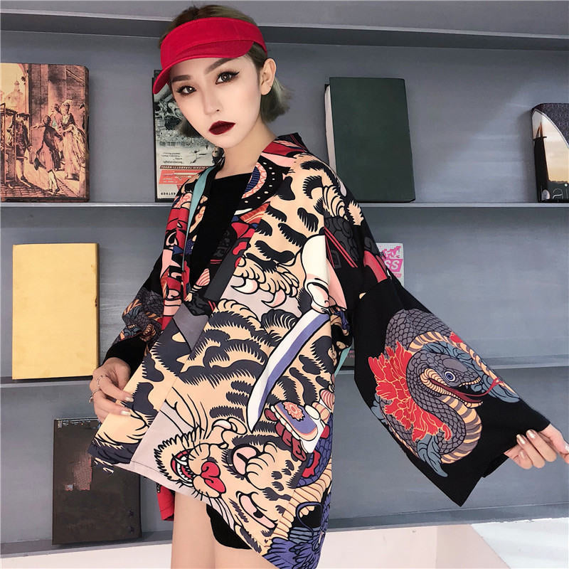 Mask Demon Horn Kimono Cardigan Cartoon Print Loose Blouse Long Sleeve Shirt T-shirt Top E-Girl Kawaii Korean Japanese Harajuku Streetwear