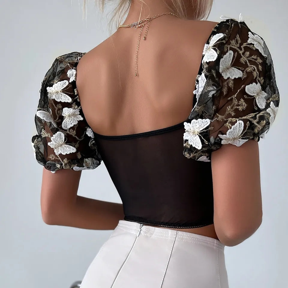 Butterfly Embroidery Puff Short Sleeve Top