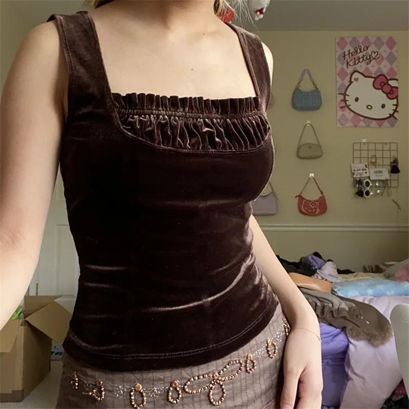 Brown Velvet Patchwork Tank Top