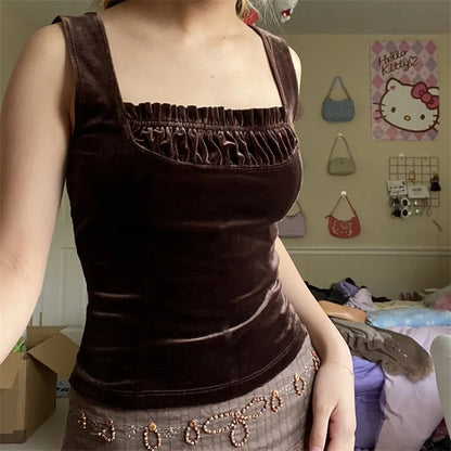 Brown Velvet Patchwork Tank Top