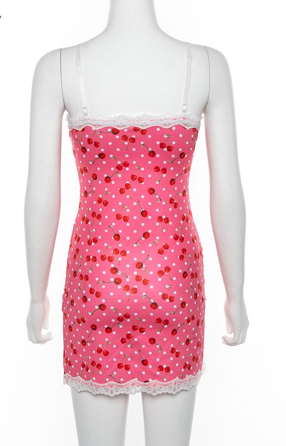 Cute Pink Cherry Lace Up Bodycon Mini Dress Fashion Party Print E-Girl Kawaii Korean Japanese Harajuku Retro Streetwear