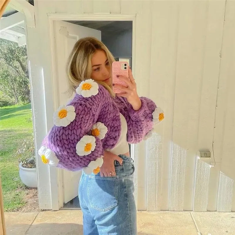 3D Flower Crochet Knit Cardigan