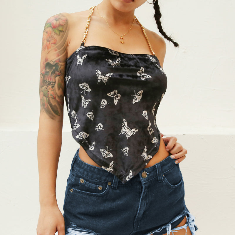 Cute Sexy Butterfly Chain Velvet Halter Tank Cami Crop Top Shirt Tee T-shirt E-Girl Kawaii Korean Japanese Harajuku Chinese Retro Streetwear Aesthetic