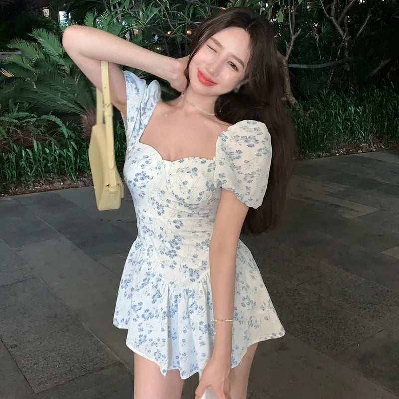 Floral Square Neck Puff Sleeve Dress