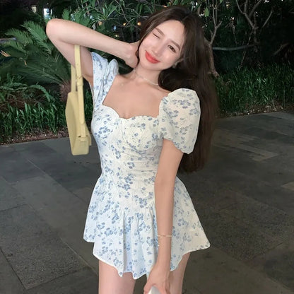Floral Square Neck Puff Sleeve Dress