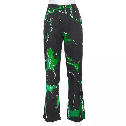 Cute Retro Vintage 90s Funky Lightning High Waisted Cargo Trousers Pants Colorful Print Aesthetic E-Girl Kawaii Korean Japanese Harajuku Streetwear