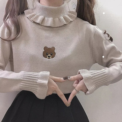 Cute Bear Embroidery Turtleneck Vintage Sweater High Neck Ruffle Pullover Long Sleeve Knit E-Girl Kawaii Korean Japanese Harajuku Streetwear