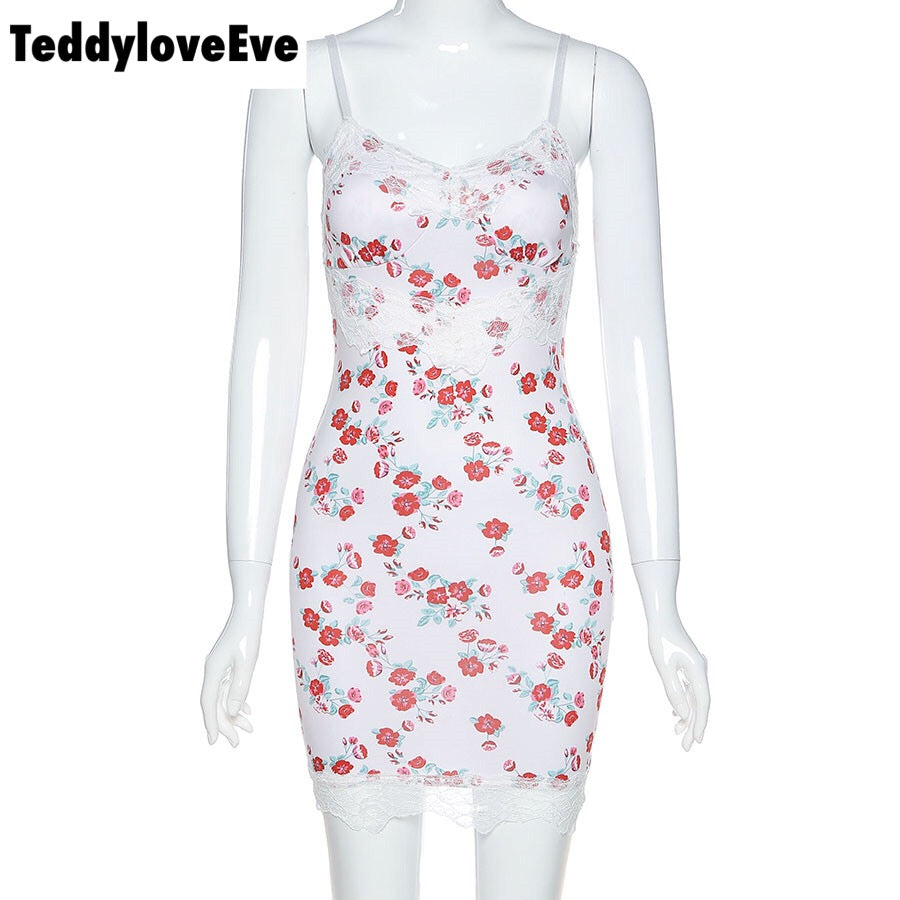 Cute Sexy Summer Boho Lace Graphic Lace Up Elegant Mini Bodycon Dress E-Girl Kawaii Korean Japanese Harajuku Chinese Retro Streetwear