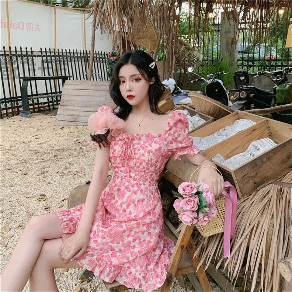 Pink Flower Ruffle Puff Sleeve Dress