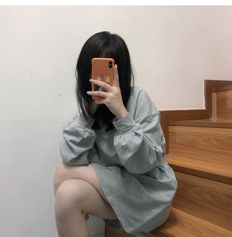 Cute Solid Color Long Sleeve T-shirt Shirt Dress With Belt Loose Oversized Woman Spring Autumn E-Girl Kawaii Korean Japanese Harajuku Retro Streetwear