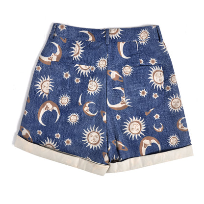 Cute Sun Moon Star Planet Pattern Loose Denim Shorts Bottom E-Girl Kawaii Korean Japanese Harajuku Chinese Retro Streetwear Aesthetic