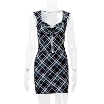 2PCS Black & White Plaid V Neck Top + Mini Skirt