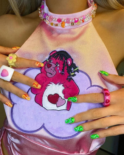 Cute 2pcs Pink Silk Halter Bear Cartoon Sleeveless Crop Top + Ruffle Mini Pleated Skirt Summer Aesthetic Casual E-Girl Kawaii Korean Japanese Harajuku