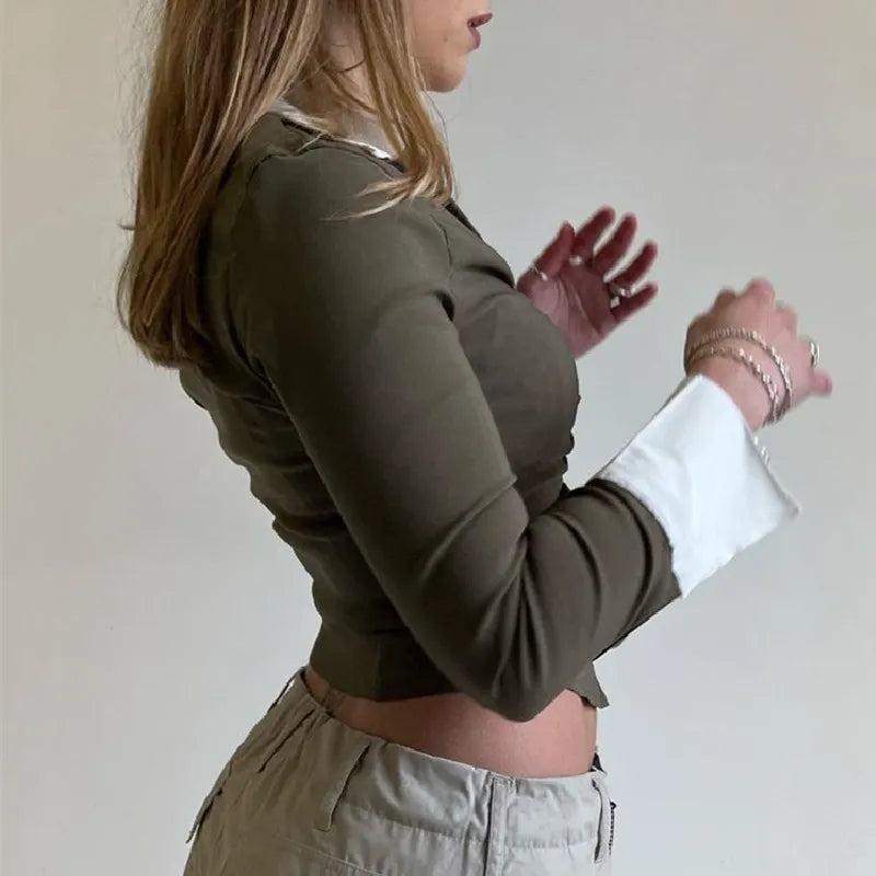 Polo Neck Low Cut Ruched Long Sleeve Crop Top