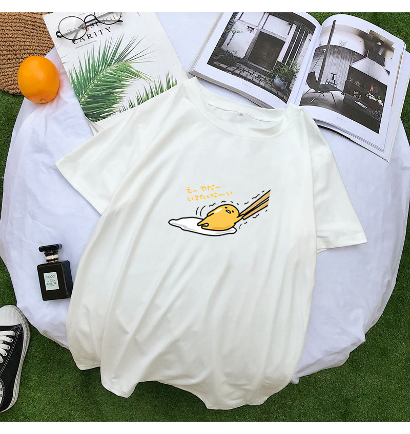 Funny Lazy Egg Cartoon Anime Print Casual Loose Short Sleeve Tee Shirt T-shirt Top E-Girl Kawaii Korean Japanese Harajuku Streetwear