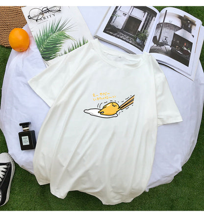 Funny Lazy Egg Cartoon Anime Print Casual Loose Short Sleeve Tee Shirt T-shirt Top E-Girl Kawaii Korean Japanese Harajuku Streetwear