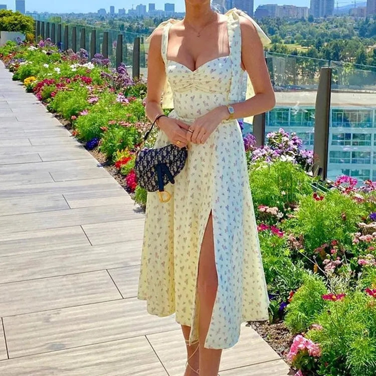Floral V Neck Backless Split Dress