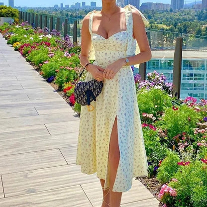 Floral V Neck Backless Split Dress