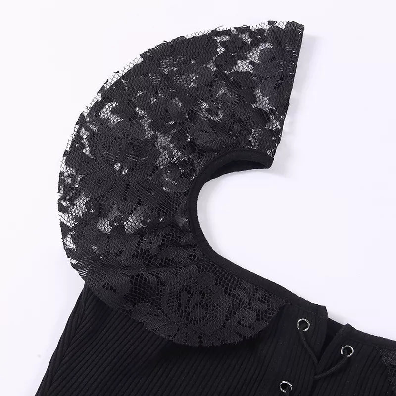 Sexy Black Goth Punk Lace Mesh Hallowout Eyelet Backless Transparent Patchwork T-shirt Top Corset E-Girl Kawaii Korean Japanese Harajuku Streetwear