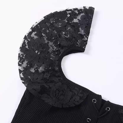 Sexy Black Goth Punk Lace Mesh Hallowout Eyelet Backless Transparent Patchwork T-shirt Top Corset E-Girl Kawaii Korean Japanese Harajuku Streetwear