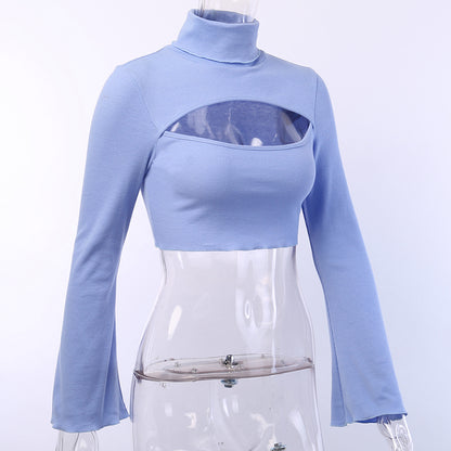 Cute Sexy Blue Cut Out Flare High Neck Knit Long Sleeve Shirt Tee T-shirt E-Girl Kawaii Korean Japanese Harajuku Chinese Retro Streetwear Aesthetic