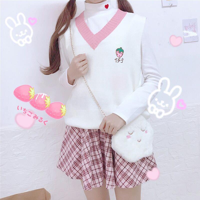 Cute Strawberry Peach Embroidery Knit Vest Sweater Sweatshirt Pullover Long Sleeve Shirt Casual E-Girl Kawaii Korean Japanese Harajuku Streetwear