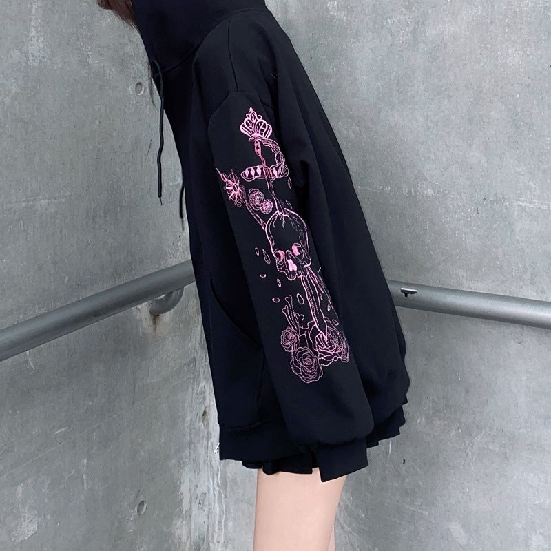 Black Skull Sword Print Zip Up Hoodie