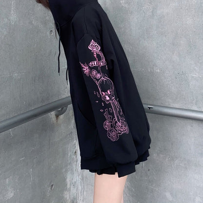 Black Skull Sword Print Zip Up Hoodie
