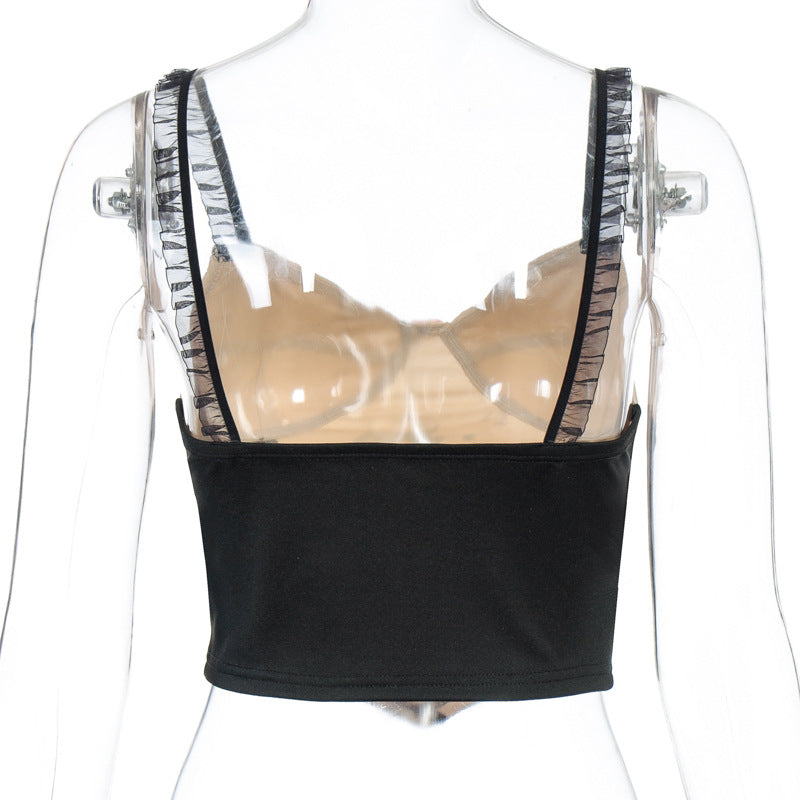 Cute Cat Graphic Vintage Lace Spaghetti Strap Crop Top Shirt Tee T-shirt E-Girl Kawaii Korean Japanese Harajuku Chinese Retro Streetwear Aesthetic