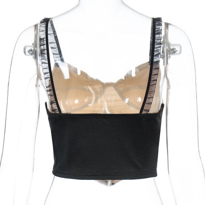 Cute Cat Graphic Vintage Lace Spaghetti Strap Crop Top Shirt Tee T-shirt E-Girl Kawaii Korean Japanese Harajuku Chinese Retro Streetwear Aesthetic
