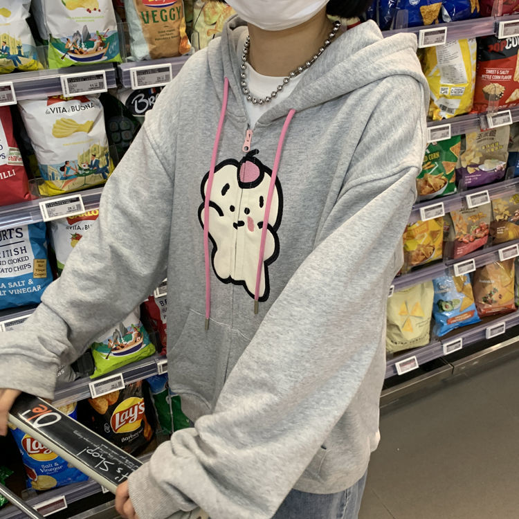 Bear Graphic Print Zipper Hoodie