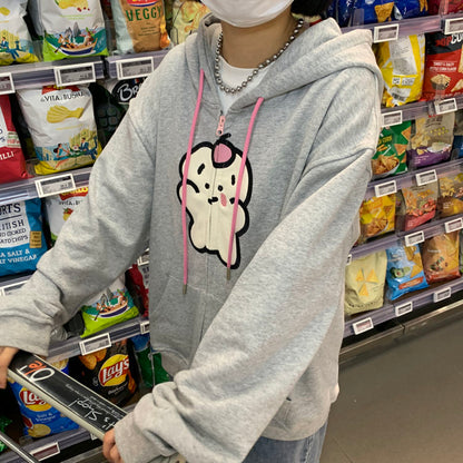 Bear Graphic Print Zipper Hoodie