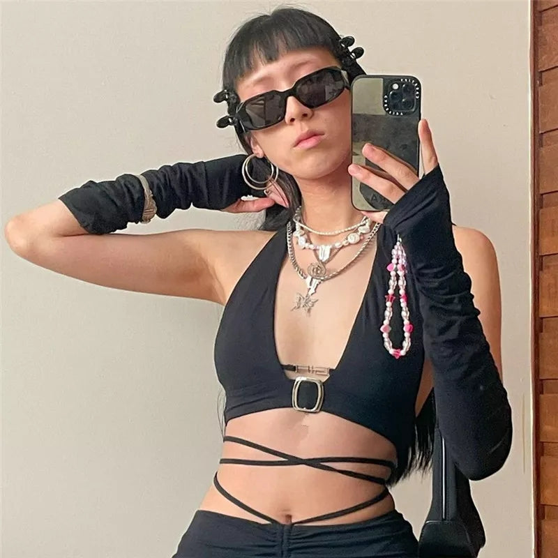 Black Metal Buckle Halter Top with Sleeves
