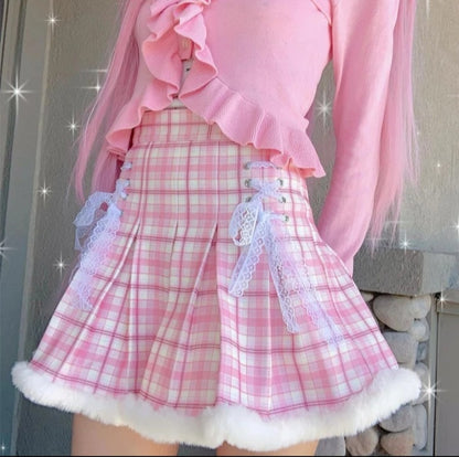 Cute Pink Plaid Feather Lace Up Pleated High Waist A-line Mini Skirt Summer Aesthetic Casual E-Girl Kawaii Korean Japanese Harajuku