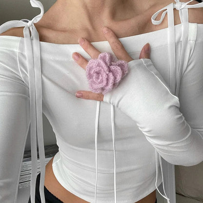 White Bow Off Shoulder Long Sleeve Top