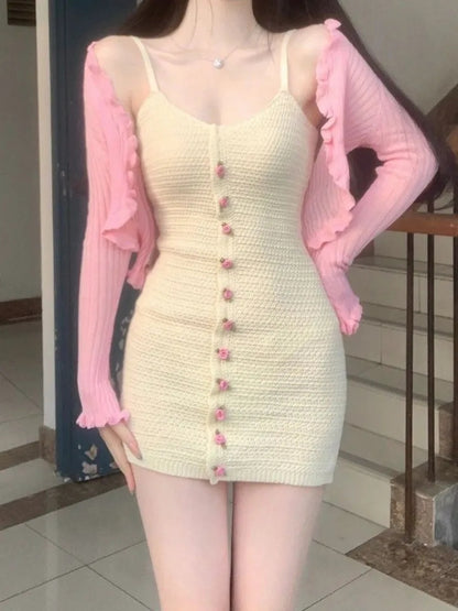 2PCS Rose Button Knit Dress + Cardigan