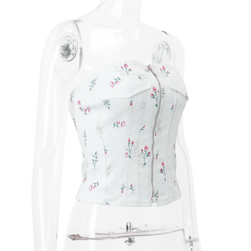 White Floral Zipper Tube Top