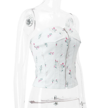 White Floral Zipper Tube Top