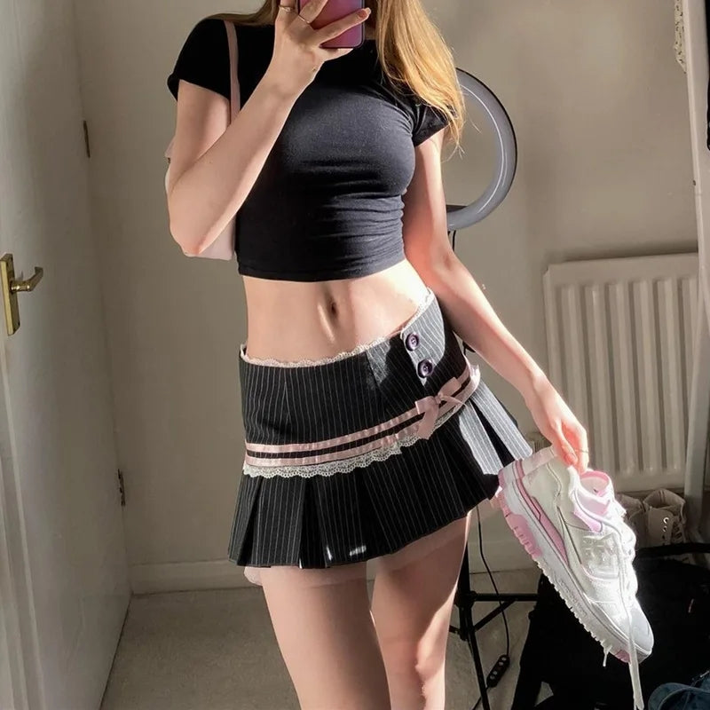 Pink Bow Stripe Fold Lace Up High Waist Skirt