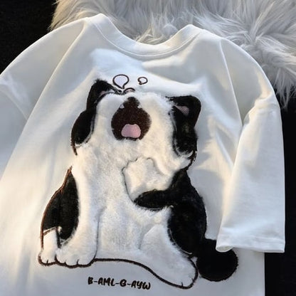 Fluffy Yawning Cat Print Short Sleeve T-shirt