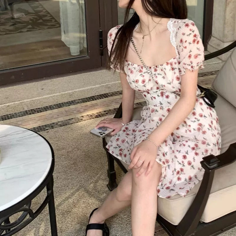 Sweet French Floral Elgeant Lace Backless Mini Dress Aesthetic Casual E-Girl Kawaii Korean Japanese Harajuku