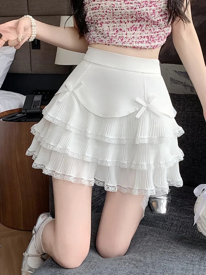 Chiffon Bow Pleated A-Line High Waist Mini Skirt