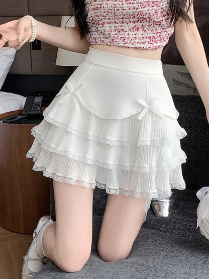 Chiffon Bow Pleated A-Line High Waist Mini Skirt