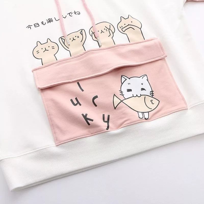 Cute Sweet Pastel Pink Cat Fish Print Soft Long Sleeve Hoodie Sweatshirt Pullover Aesthetic Casual E-Girl Kawaii Korean Japanese Harajuku