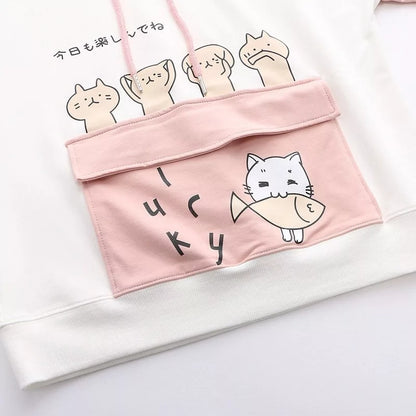 Cute Sweet Pastel Pink Cat Fish Print Soft Long Sleeve Hoodie Sweatshirt Pullover Aesthetic Casual E-Girl Kawaii Korean Japanese Harajuku