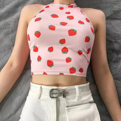 Cute Pink Strawberry Print Crop Top Camisole Spaghetti Strap Tank Shirt Tee T-shirt E-Girl Kawaii Korean Japanese Harajuku Retro Streetwear Aesthetic