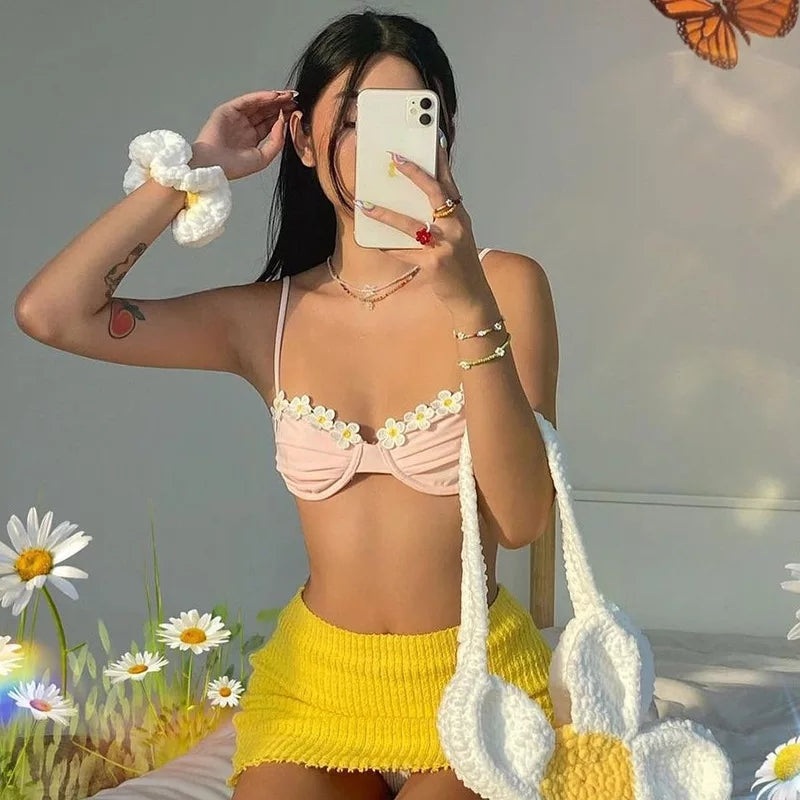 Cute Pink Floral Backless Vest Strapless Shirt Crop Top Corset Beach Boho Summer Aesthetic Casual E-Girl Kawaii Korean Japanese Harajuku
