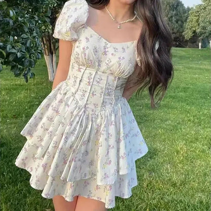 Floral Print Square Neck Puff Sleeve Dress